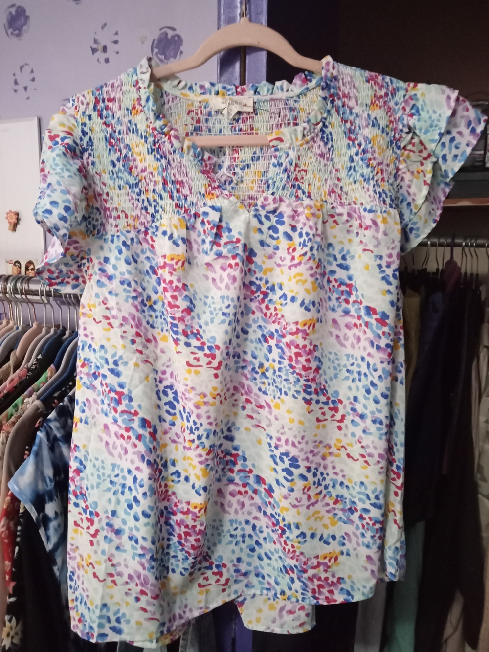 Umgee Colorful Speckle Smocked Short Sleeve Blouse